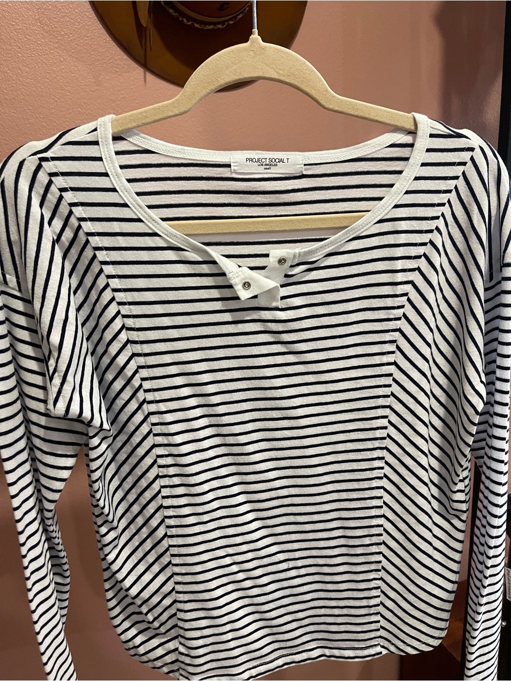 Project Social T Black and White Striped Long Sleeve Henley Top
